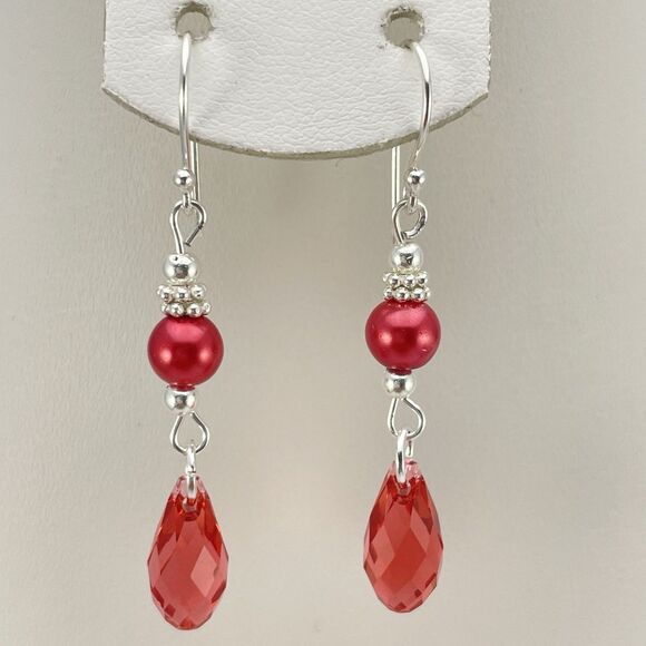 Made With Swarovski Crystals Red Teardrop Sterling Silver Dangle Earrings - Picture 1 of 6